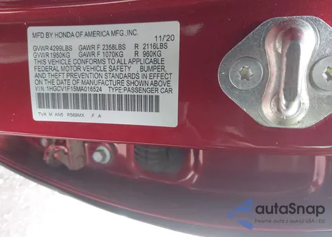 2021 Honda Accord Lx из США, поврежденный, VIN 1HGCV1F15MA016524